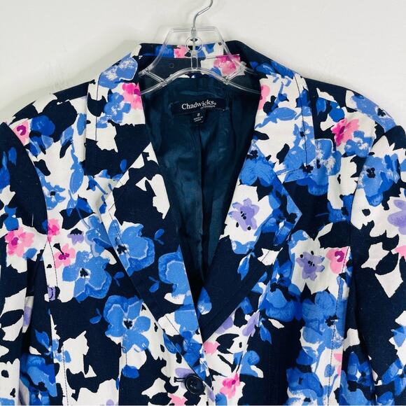 Vintage blue white pink floral button preppy office blazer 8 - Picture 2 of 6